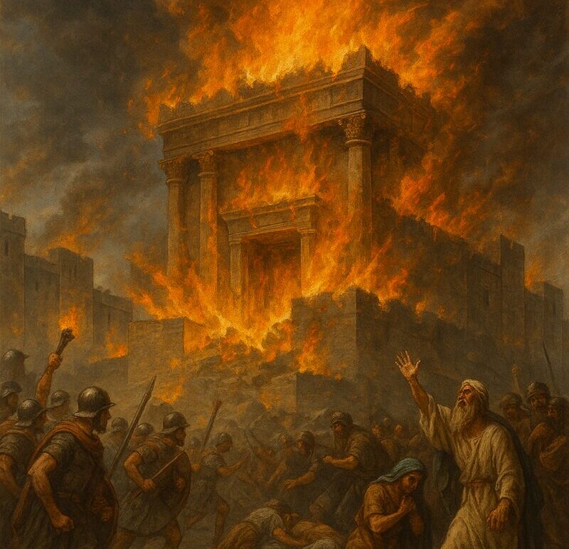 a painting of a building on fire