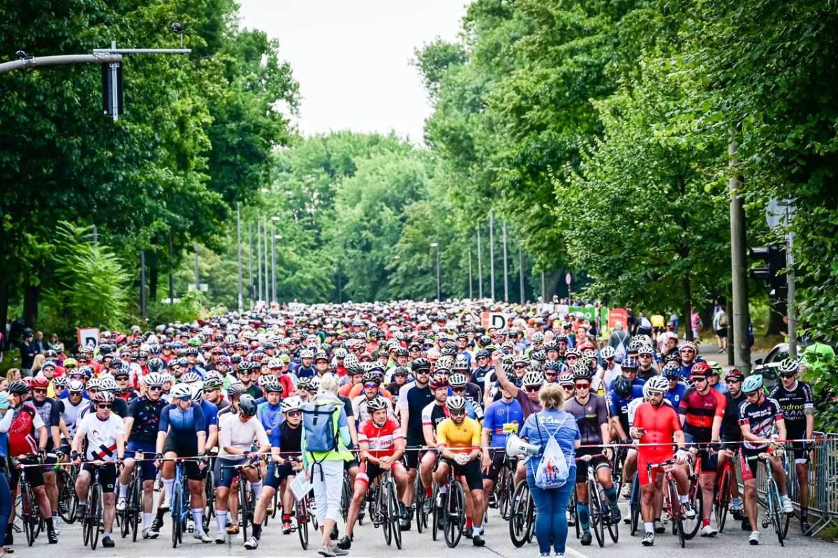 a large group of people riding bicycles on a street