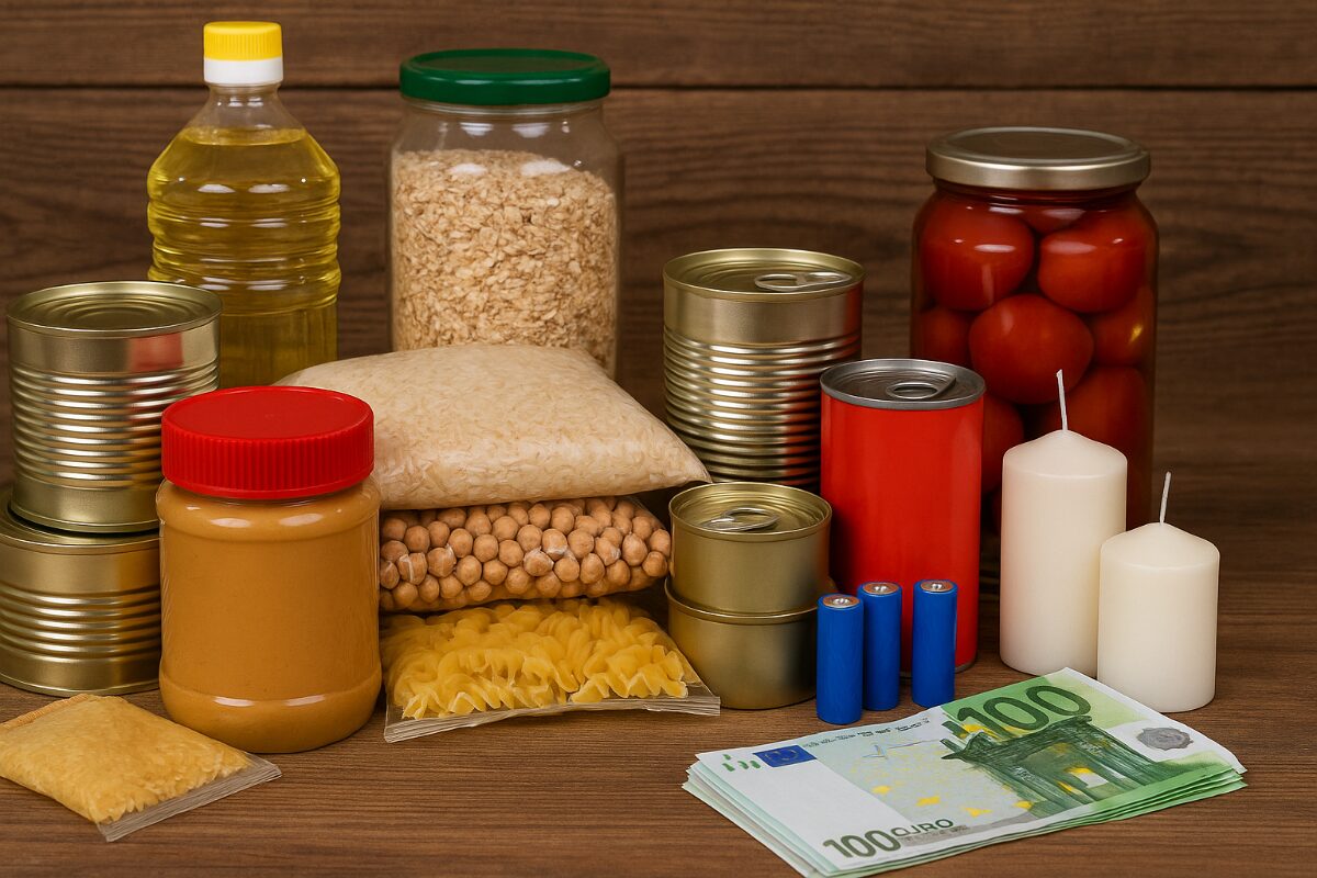 Lebensmittel, Geld, Kerzen, Batterien.