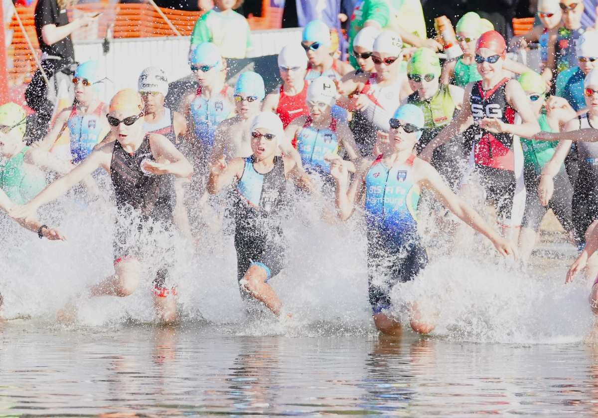 Schwimmer starten in einen Wettkampf.