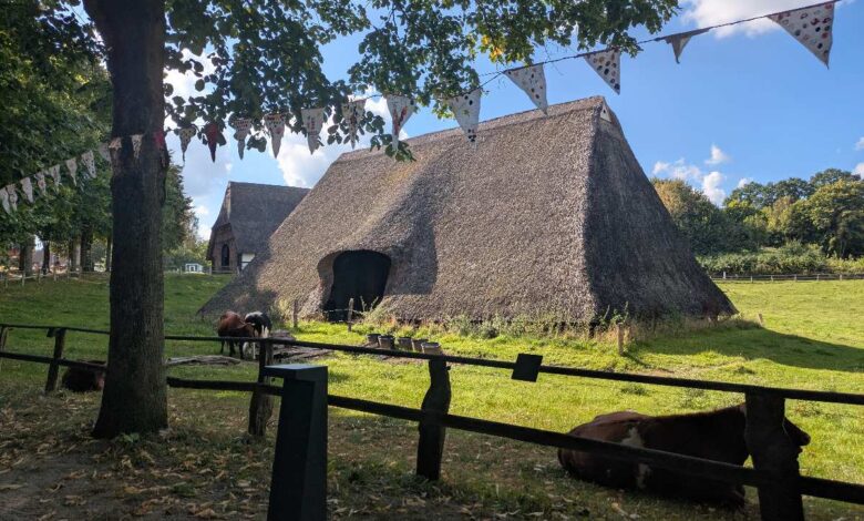 Traditionelles Bauernhaus mit Pferden.