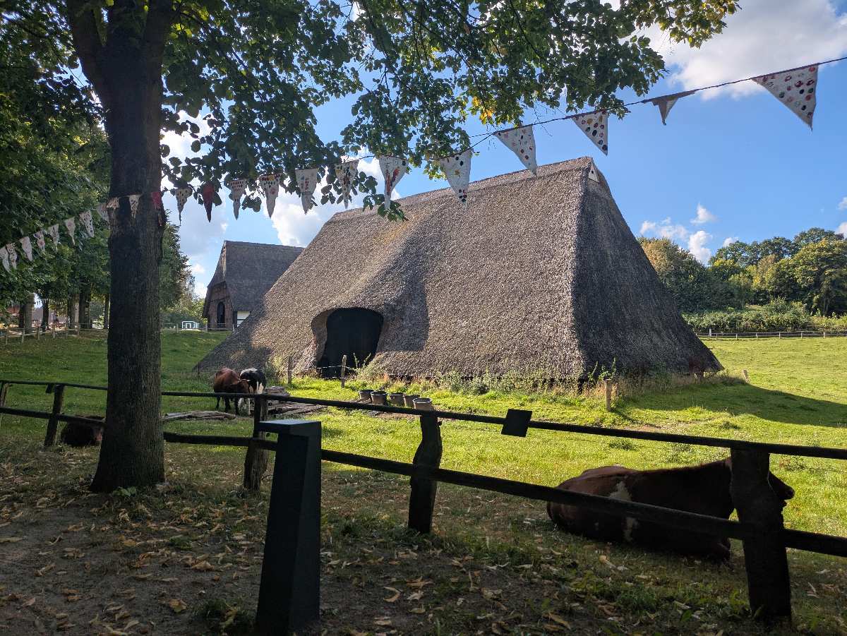 Traditionelles Bauernhaus mit Pferden.