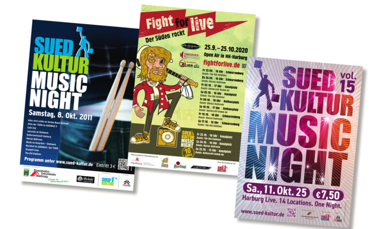 Harburg erlebt musikalische Zeitreise: SuedKultur Music Night-Plakate zeigen Wandel von 2011 bis 2025 in kraftvollen Motiven 5 Drei Plakate für Musikveranstaltungen.