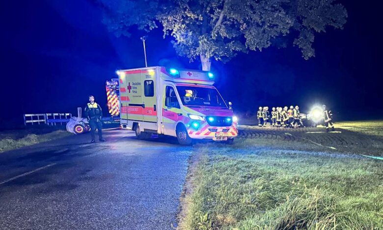 Fahrer verliert Kontrolle auf regennasser Straße – Mini prallt in Revenahe-Kammerbusch gegen Baum 1 Rettungswagen bei nächtlichem Einsatz