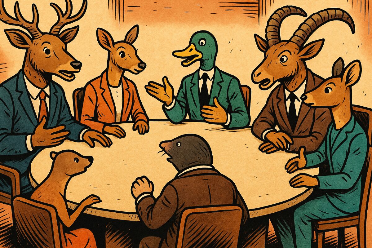 Tiere in Anzügen am Tisch.