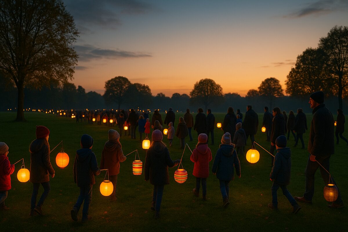 Menschen mit Laternen im Abendlicht.
