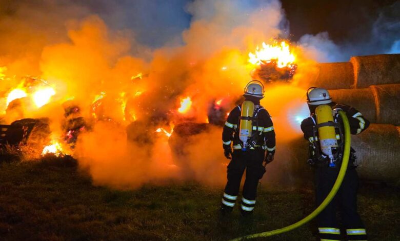 Großbrand in Fischbek: 250 Strohballen gehen in Flammen auf 12 Feuerwehr löscht brennende Strohballen
