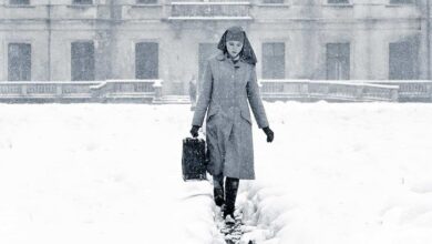 Frau im Schnee mit Aktentasche.