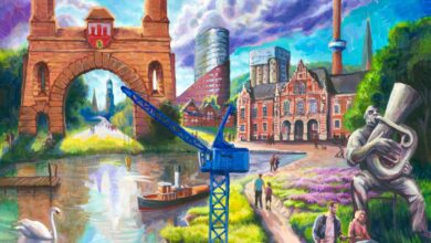 Lebhafte Stadtlandschaft mit Wasser und Architektur.