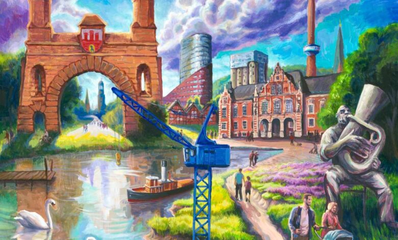 Harburg in neuen Ansichten 2.0: Stadtmaler Ralf Schwinge zeigt frische Perspektiven in der Sparkasse Harburg-Buxtehude 2 Lebhafte Stadtlandschaft mit Wasser und Architektur.