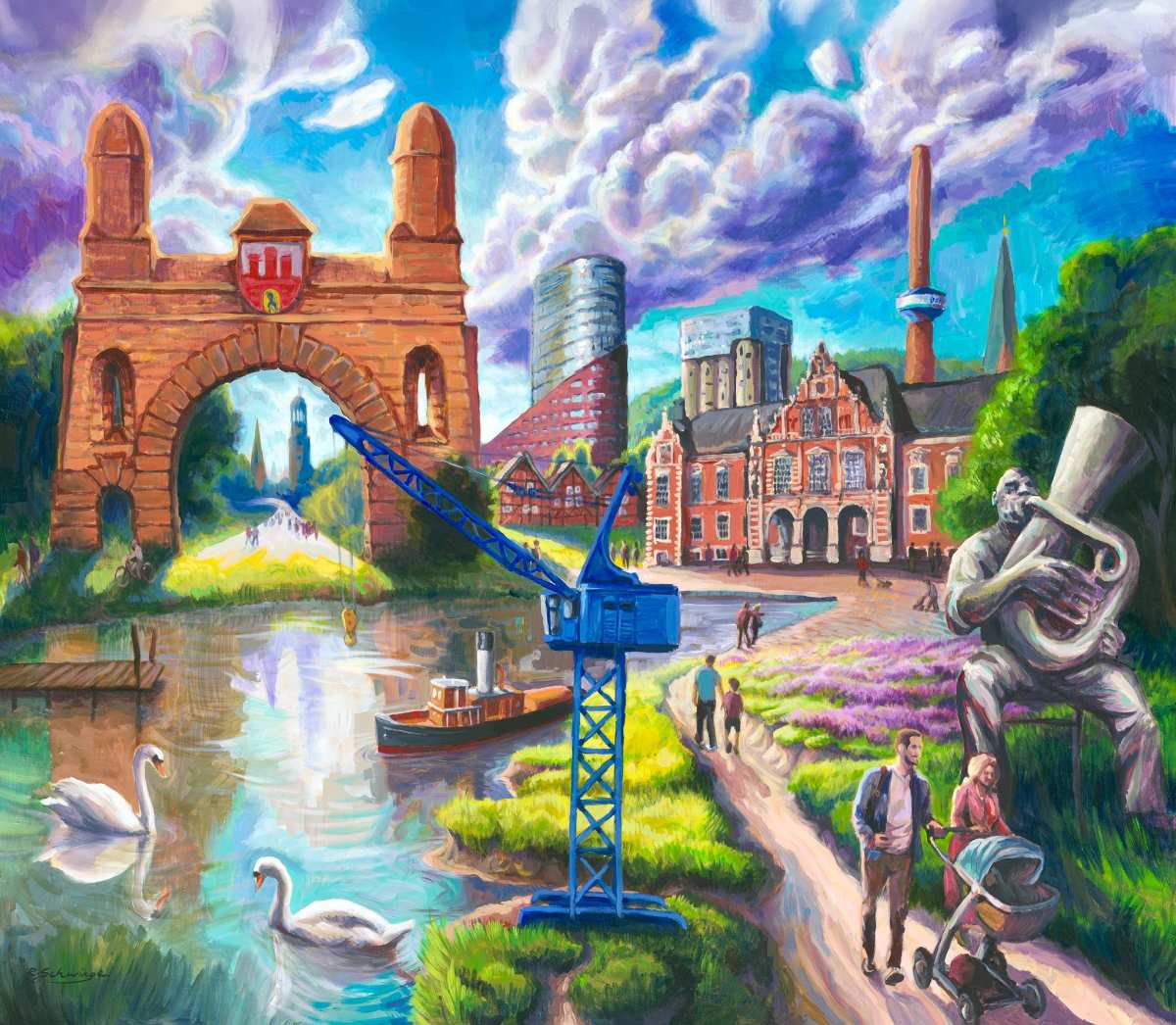 Lebhafte Stadtlandschaft mit Wasser und Architektur.
