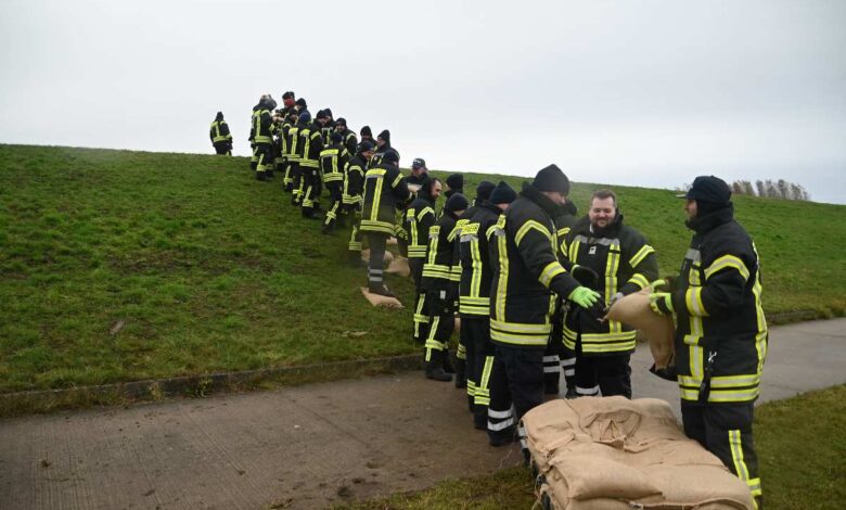 Mit Sandsack und Teamgeist gegen das Wasser – 320 Feuerwehrkräfte proben Ernstfall an der Elbe 1 Feuerwehrleute arbeiten an Deichschutz.