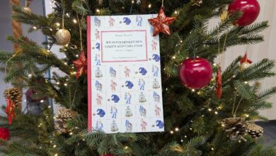 Buch hängt an einem Weihnachtsbaum